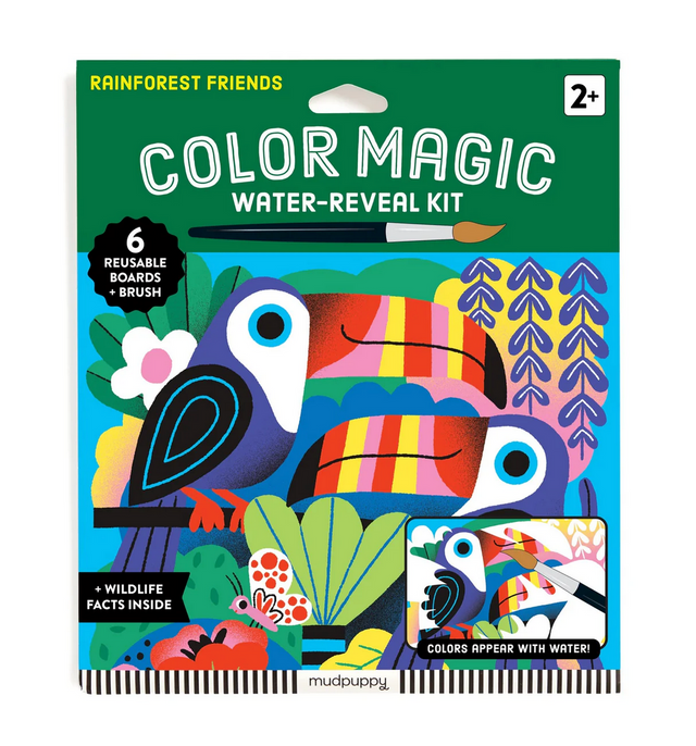 Color Magic Water Reveal | Rainforest Friends kit with toucan artwork, reusable boards, and paintbrush for ages 2 and up.