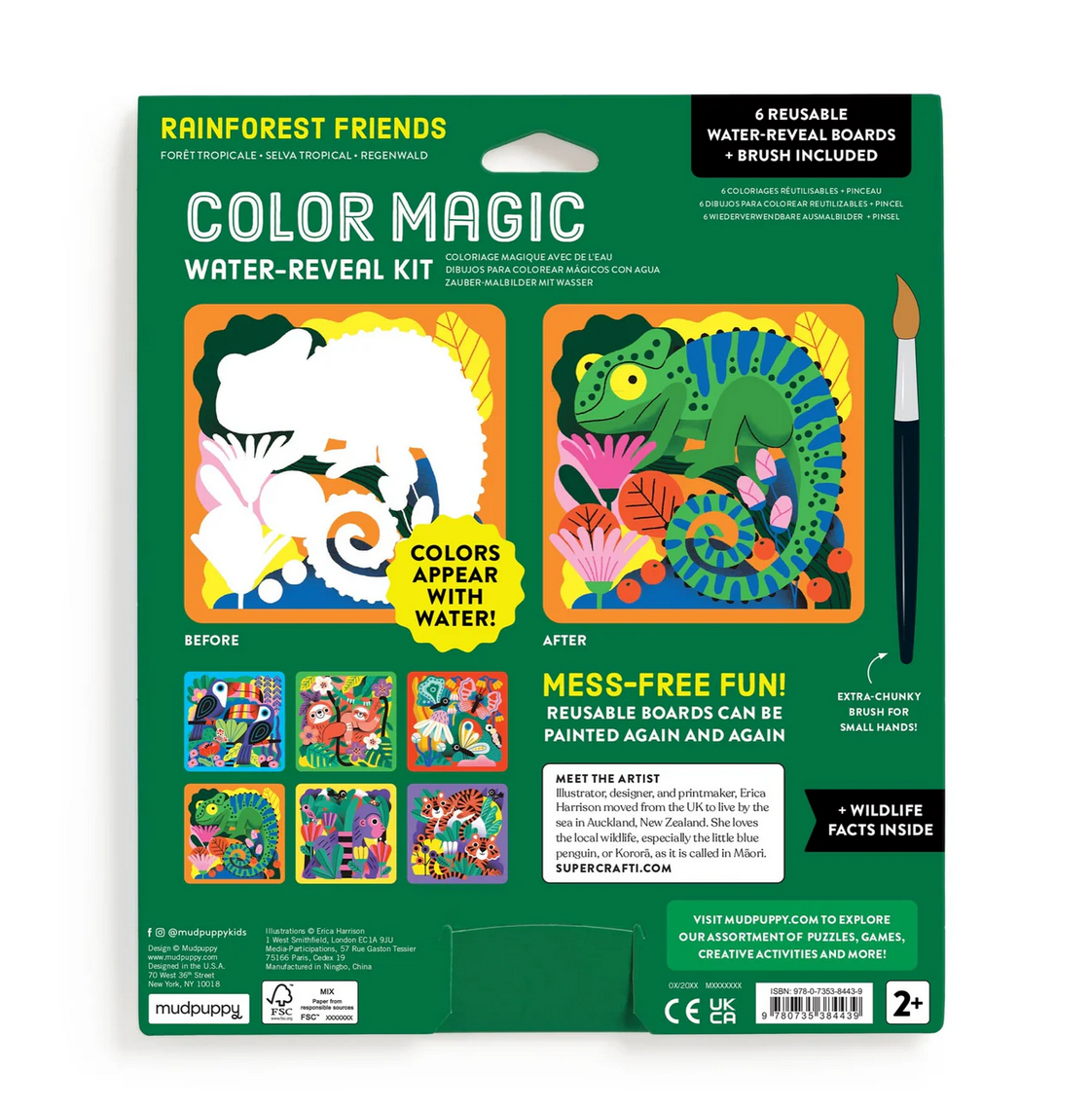Color Magic Water Reveal | Rainforest Friends showing reusable boards and brush with vibrant jungle animal colors.