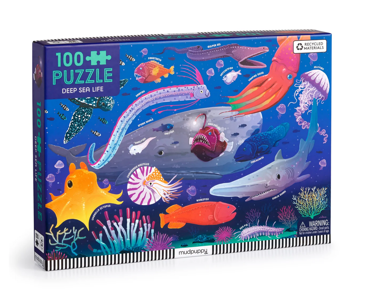 100pc Deep Sea Puzzle box featuring colorful deep sea creatures in a vibrant underwater scene for kids ages 5 and up.