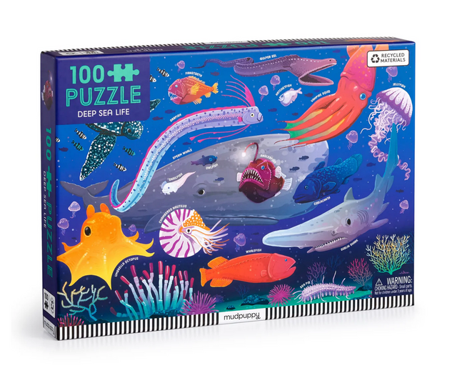 100pc Deep Sea Puzzle box featuring colorful deep sea creatures in a vibrant underwater scene for kids ages 5 and up.