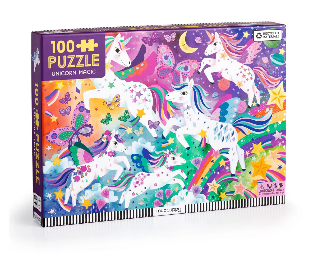 100pc Unicorn Magic Puzzle featuring colorful unicorns and stars in a whimsical celestial scene for kids 5 and up.