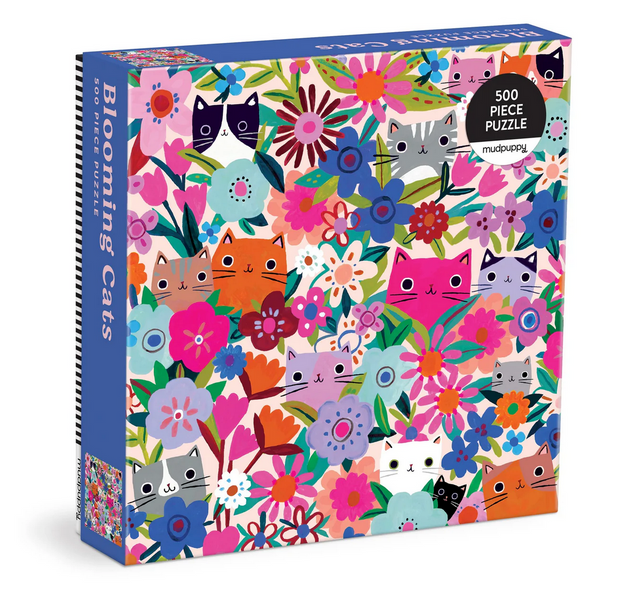 500pc Blooming Cats Family Puzzle featuring colorful cats and vibrant flowers in a playful, whimsical design.