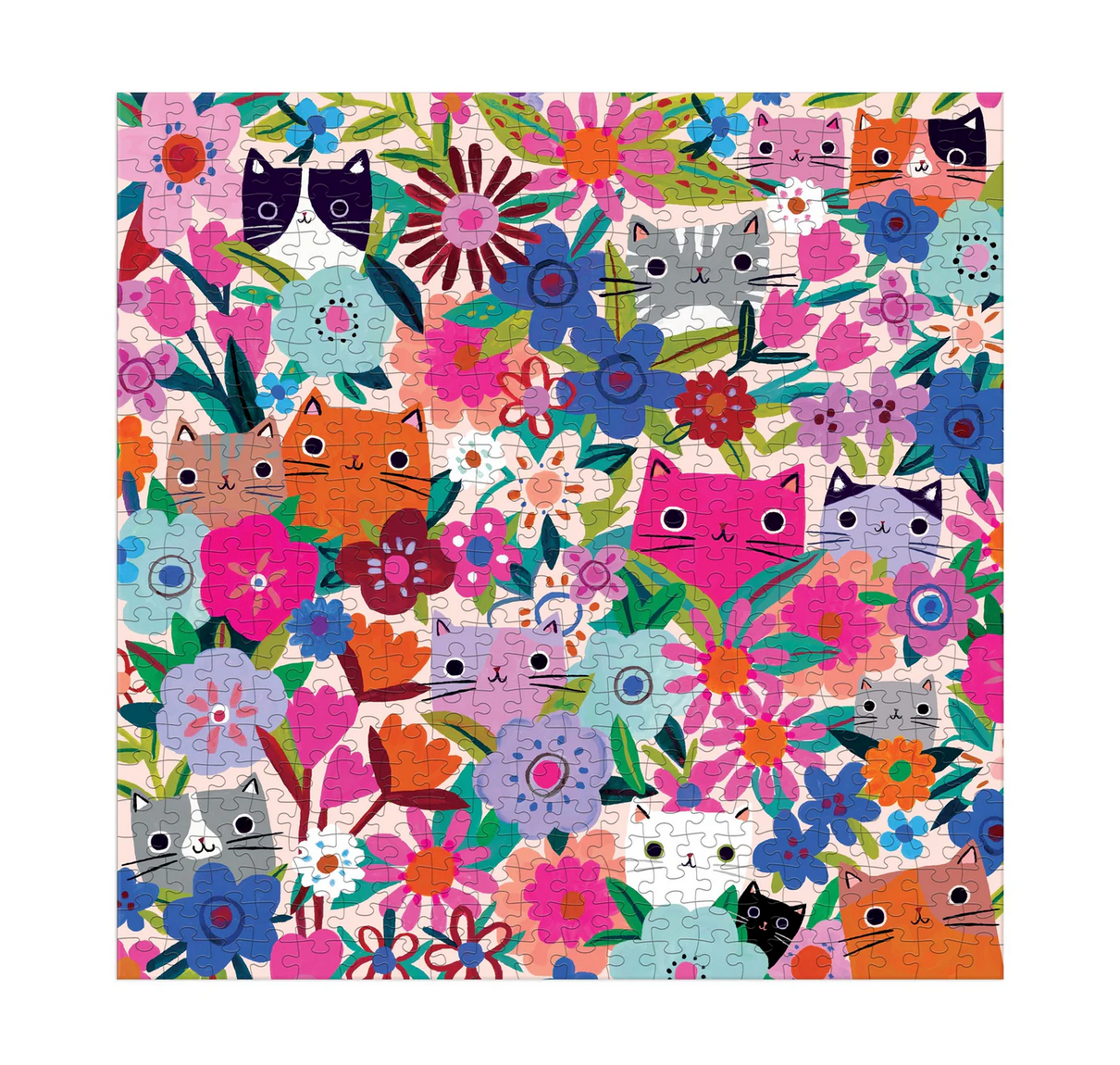 500pc Blooming Cats Family Puzzle showcasing colorful cats among vibrant flowers in a lively, whimsical design.