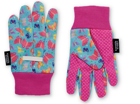 Garden Gloves | Butterfly Rainbow kids gardening gloves with colorful butterfly design and pink elastic wristbands for comfort and grip.