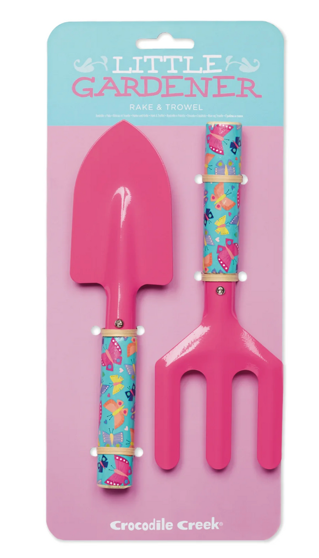 Garden Tools | Butterfly Rainbow kid-size pink rake and shovel with colorful butterfly handles for little gardeners.