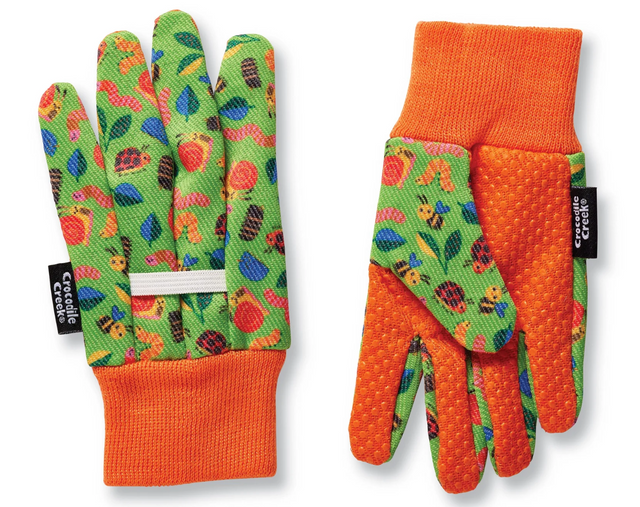 Garden Gloves | Garden Friends kids gloves with colorful garden prints, elastic wrist, and grip dots for gardening fun and protection.