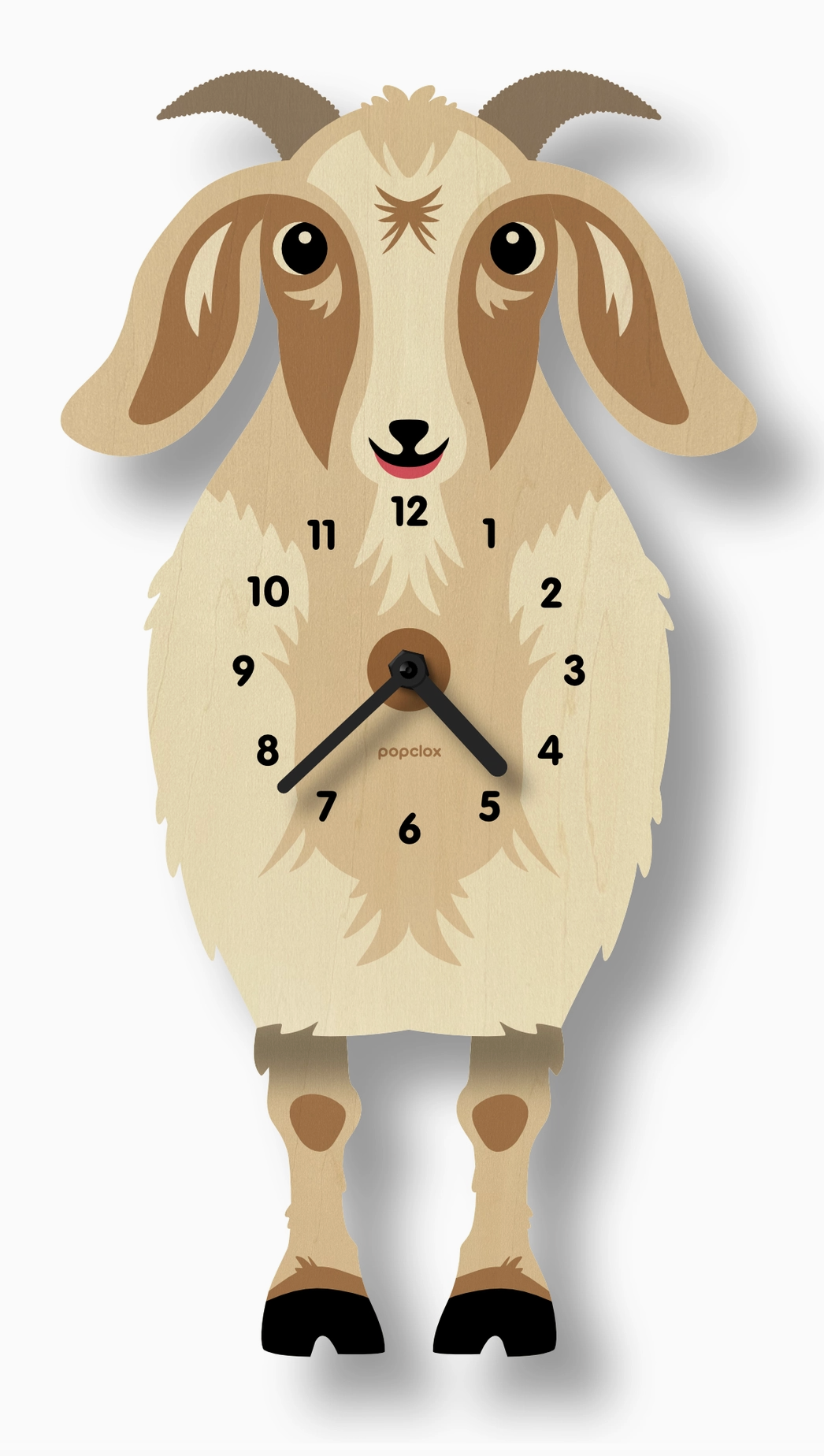 Wood Pendulum Clock | Goat Greta features a cute wooden goat design with swinging legs and black clock hands.