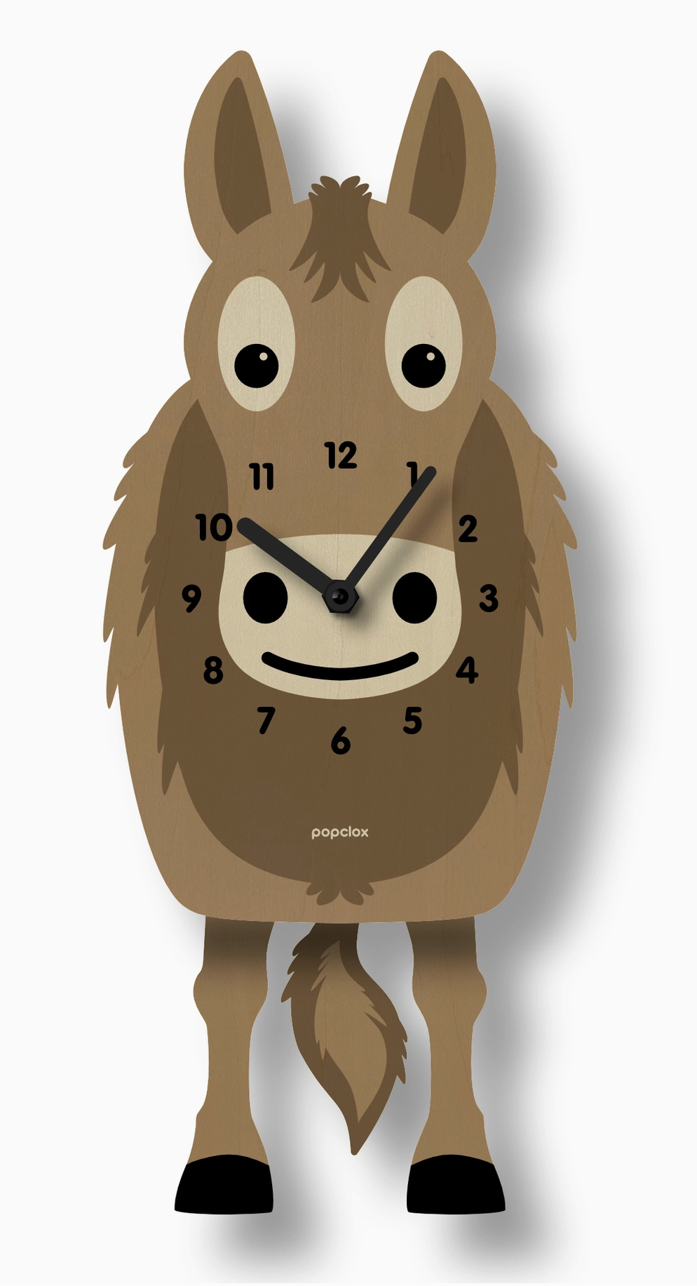Wood Pendulum Clock | Donkey Doug featuring a playful donkey design with swinging legs and tail pendulum in natural wood finish.