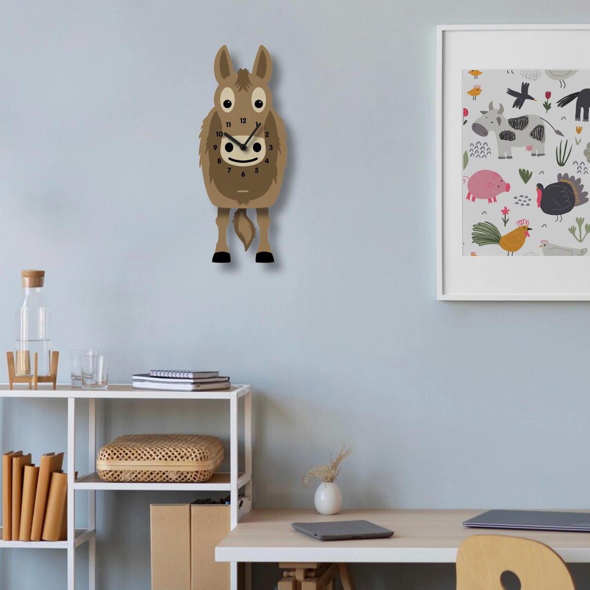 Wood Pendulum Clock | Donkey Doug hanging on wall with swinging legs and tail pendulum in a cozy room setting.