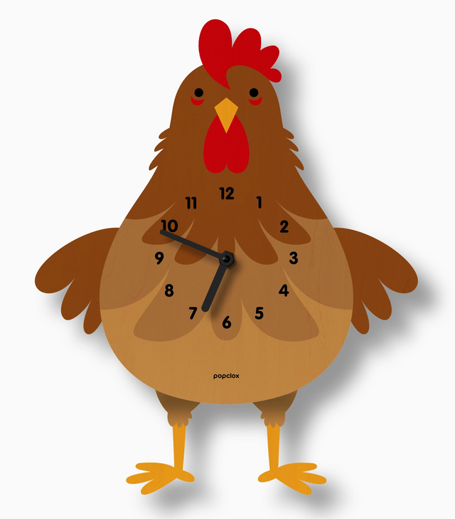 Wood Pendulum Clock | Chicken Cleo featuring a brown dancing chicken design with black clock hands and numbers.