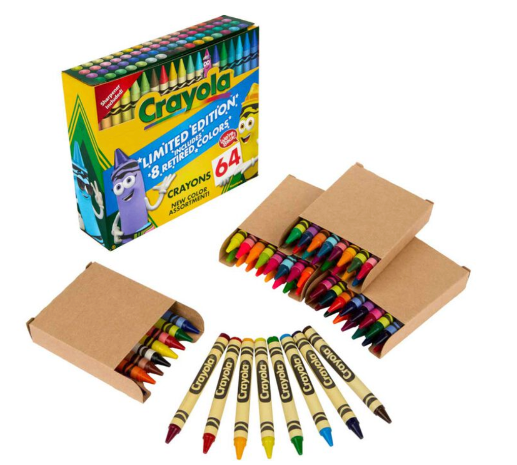 Crayons 64 Pack Limited Edition with vibrant retired Crayola colors in a colorful box and multiple crayon packs.