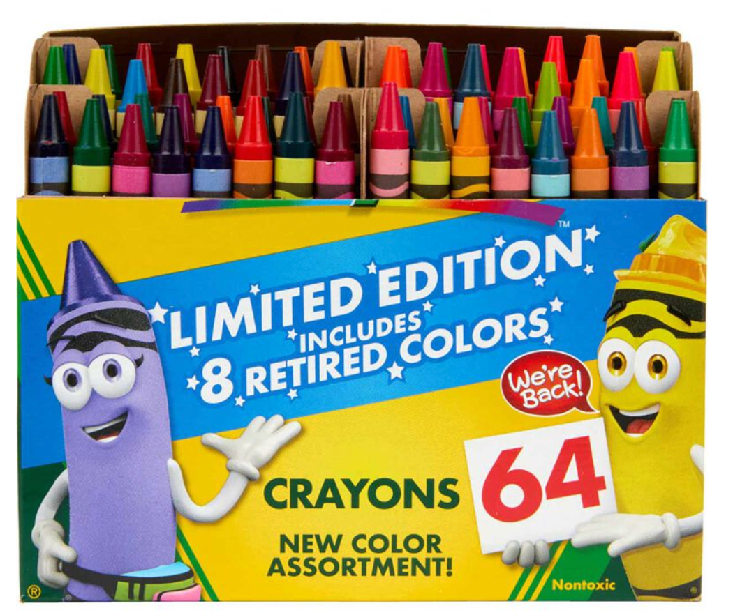 Crayons 64 Pack Limited Edition with 8 retired colors in a vibrant assortment, double wrapped for durability and creative fun
