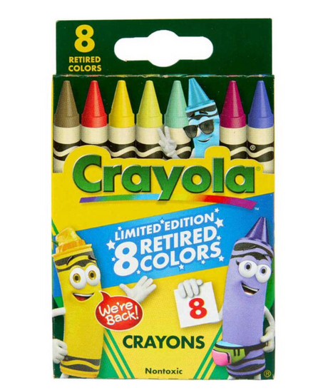 Crayons 8 Pack Limited Edition featuring 8 retired Crayola colors in a colorful, playful boxed set.