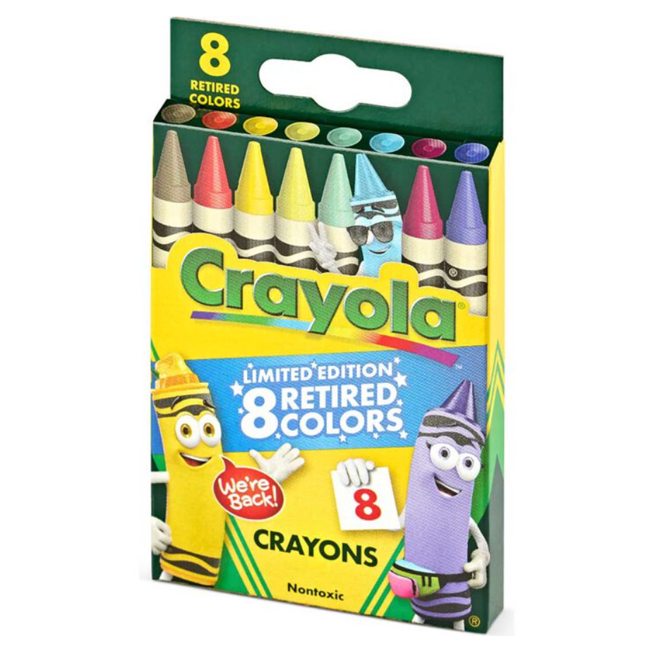 Crayons 8 Pack Limited Edition with 8 retired Crayola colors, vibrant, smooth, and non-toxic for kids ages 3 and up.