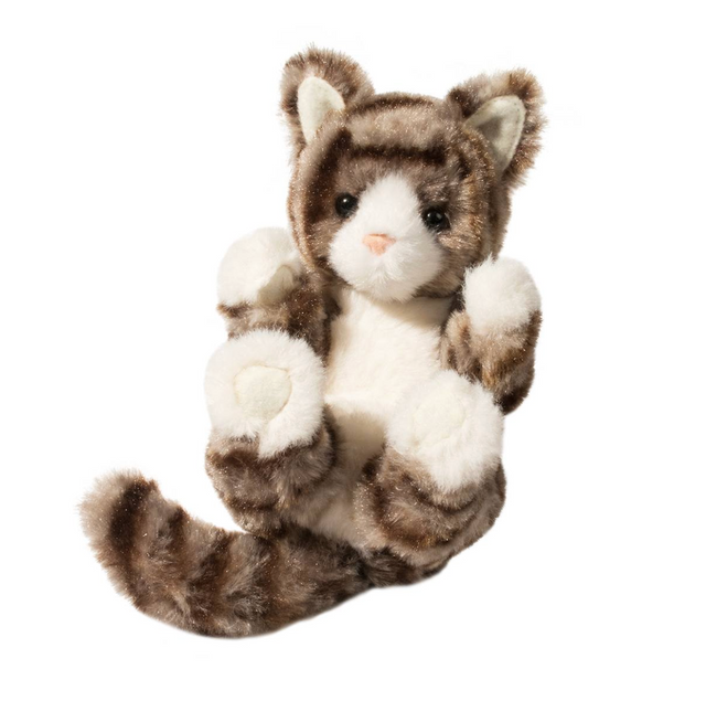 Lil' Baby Grey Stripe Kitten plush with soft striped fur, white paws, pink nose, and lifelike weighted bottom.