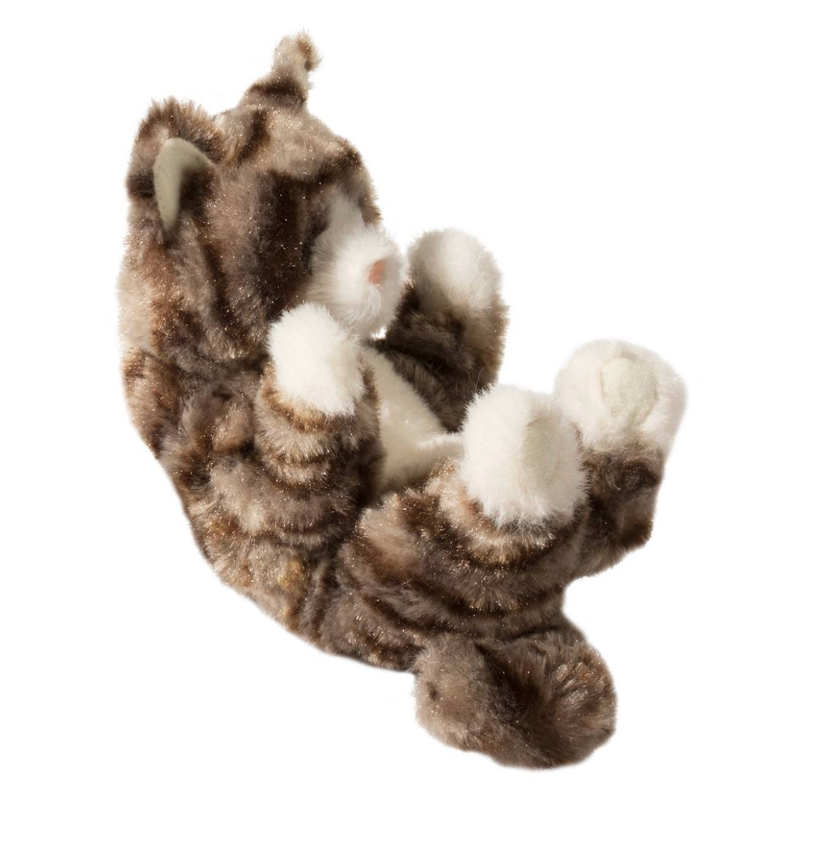Lil' Baby Grey Stripe Kitten stuffed animal lying on its back with soft striped plush fur and white paws.