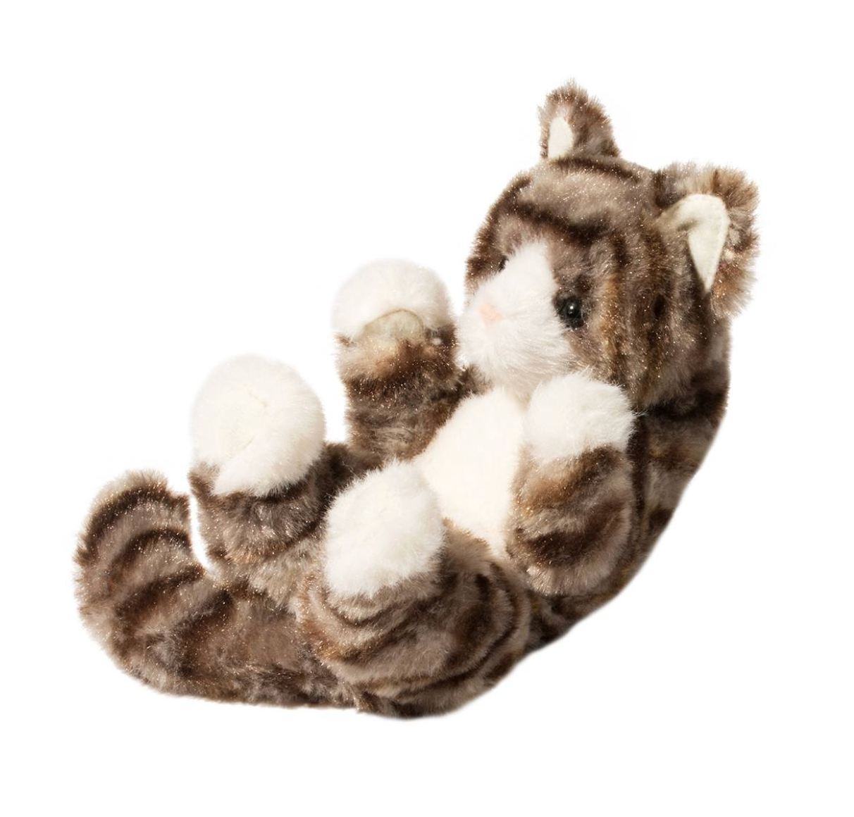 Lil' Baby Grey Stripe Kitten plush toy with soft striped fur, white paws, and a cute lifelike pose cuddling on its back.