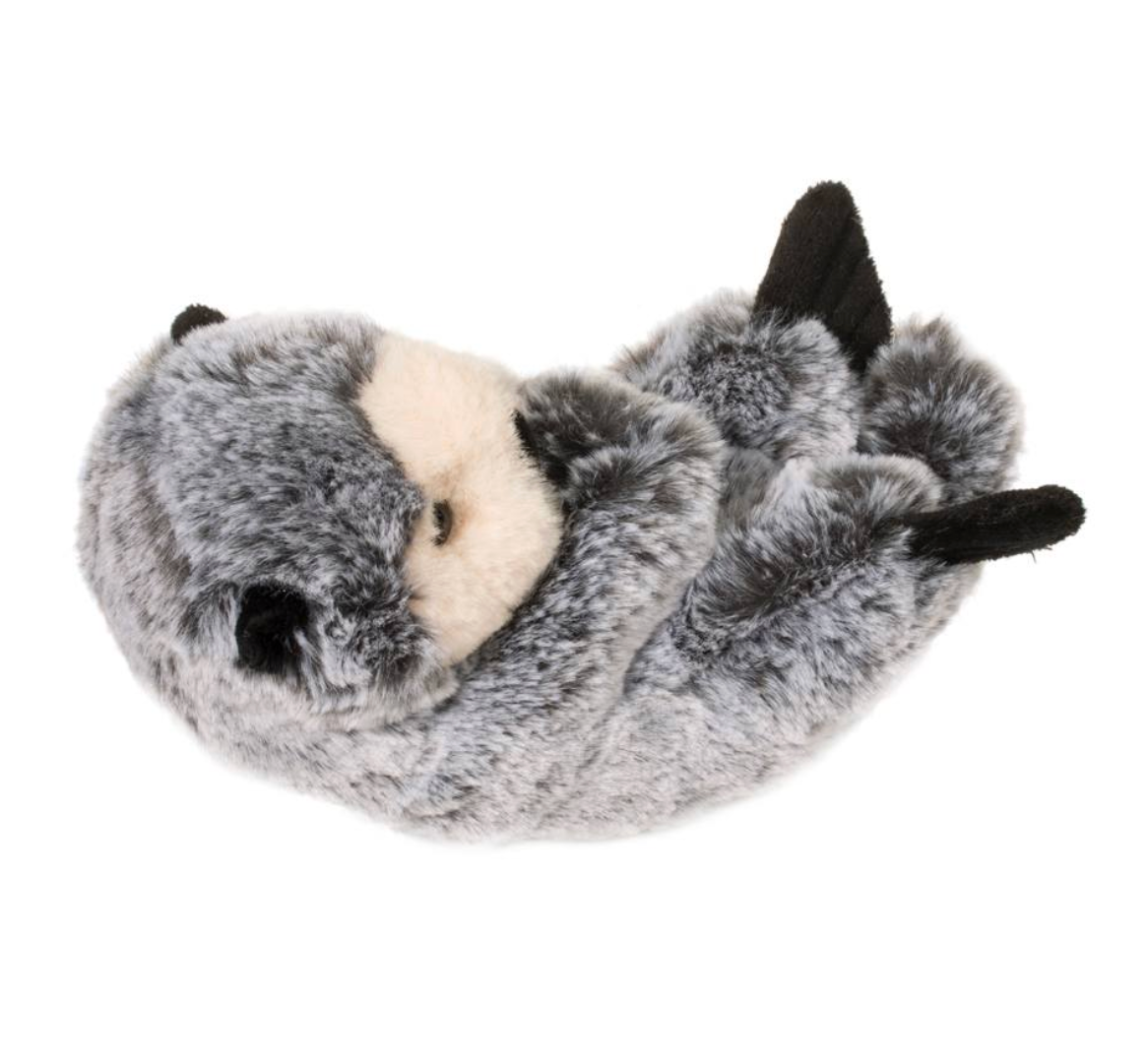Lil' Baby Otter plush toy showing a soft gray otter pup lying on its back with black flippered paws and a pale face.
