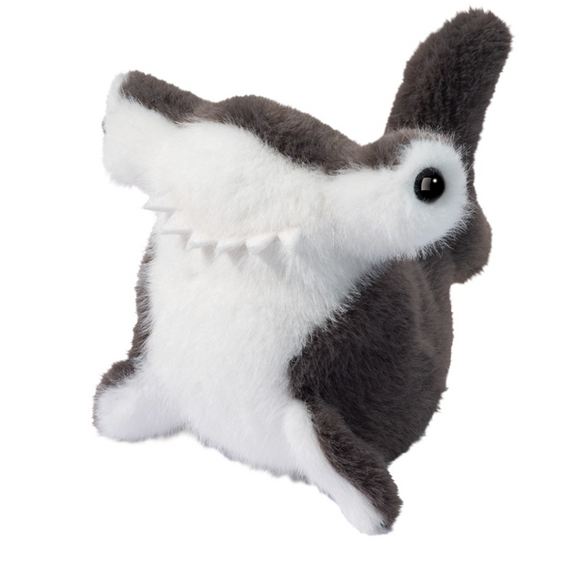 Lil' Baby Hammerhead Shark plush in dark gray and white with a wide head and cheerful eyes, perfect for kids 2 and up.