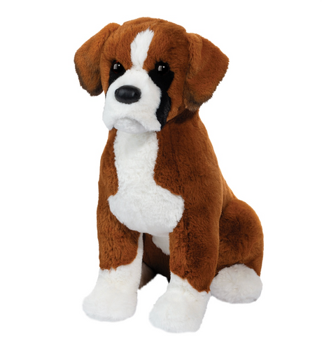 Boxer Chance plush toy with expressive eyes, chestnut brown and white coat, soft and sturdy for play or display.