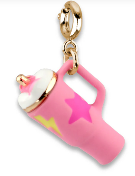 Gold On-the-Go Cup Charm featuring a pink cup with star and lightning designs and a gold clasp for on-the-go style.