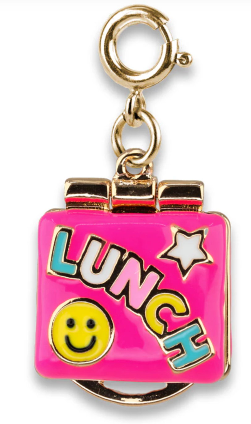 Gold LunchBox Charm in bright pink with colorful lunch text, smiley face, and star details, attached to a gold clasp.