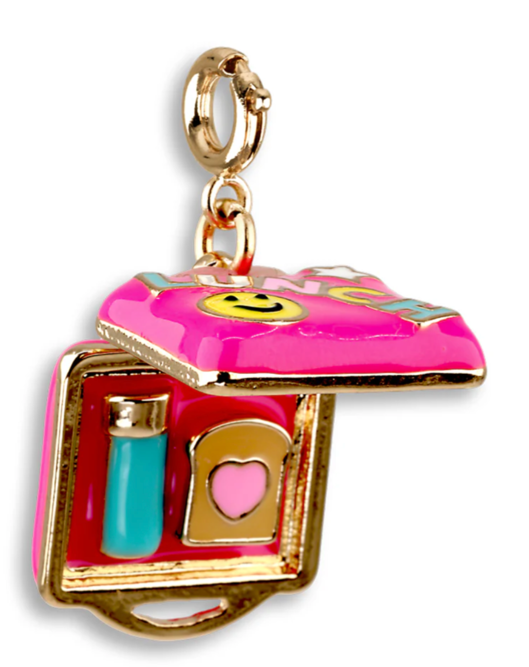 Gold LunchBox Charm with a pink lunchbox opening to reveal a colorful lunch inside, perfect for ages 3 and up.