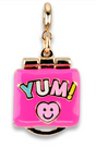 Gold LunchBox Charm with pink enamel, "YUM!" text, and smiling heart detail, opens and closes for a playful look.