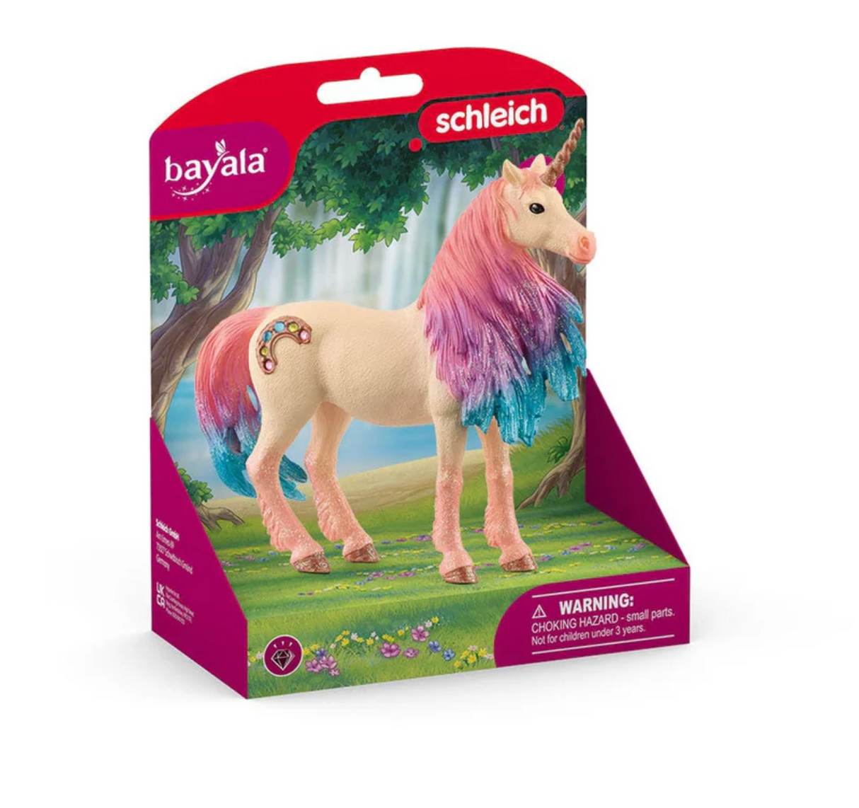 Bayala | Marshmallow Unicorn Mare figure with pink mane and glittery rainbow horn in colorful packaging by Schleich.