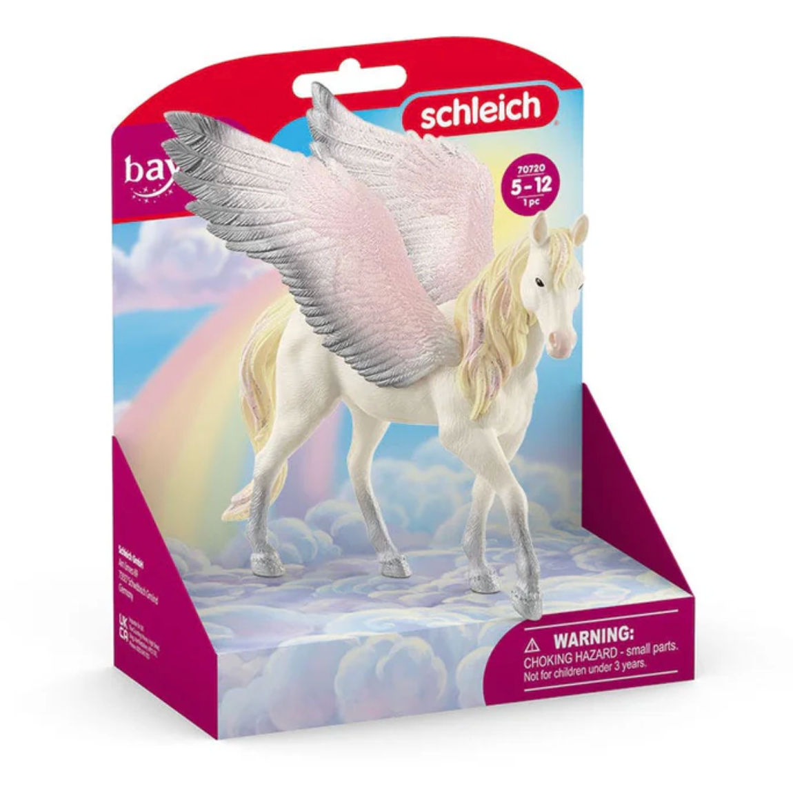Bayala | Sunrise Pegasus figurine with glittering silver-tipped wings soaring above clouds in pastel sunrise colors.