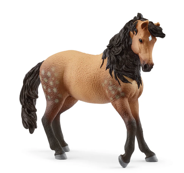 Andalusian Mare figurine with fawn coat, dark spotted flanks, thick black mane, lush tail, and white star-shaped blaze.