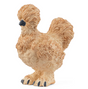 Silkie Chicken figurine with dense feathers covering face and feet, showing its black beak and fluffy body.