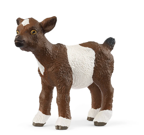Goat Kid toy with chocolate brown fur, white back and hooves, and a cute black snout, perfect for ages 3 and up.