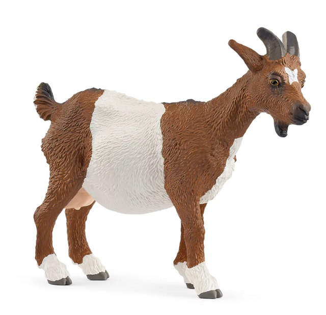 Goat figurine with brown and white coat, star-shaped mark on forehead, and goatee, perfect for ages 3 and up.