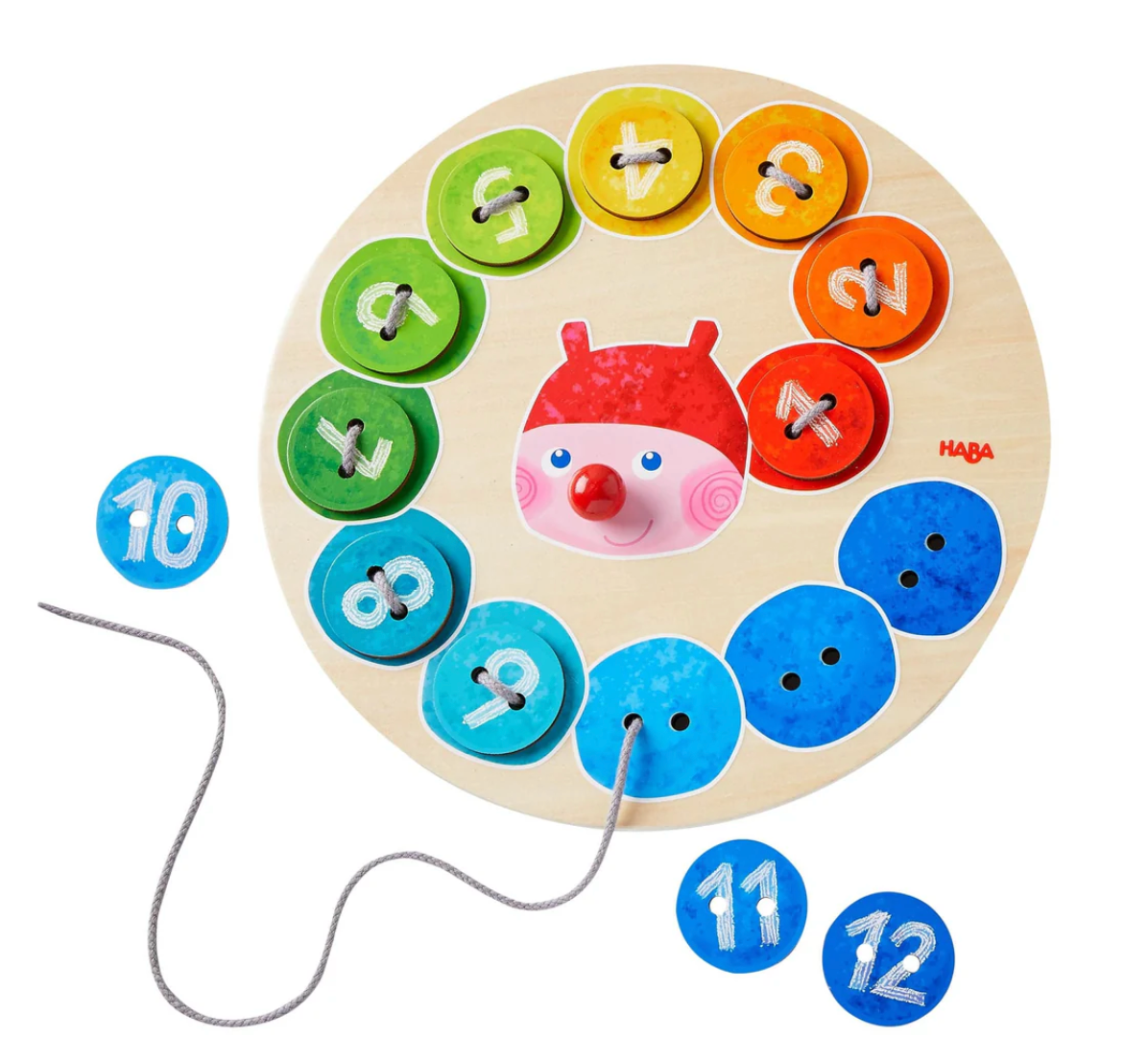 Rainbow Caterpillar Counting Threading Game with colorful numbered tiles for fine motor skills and number learning.