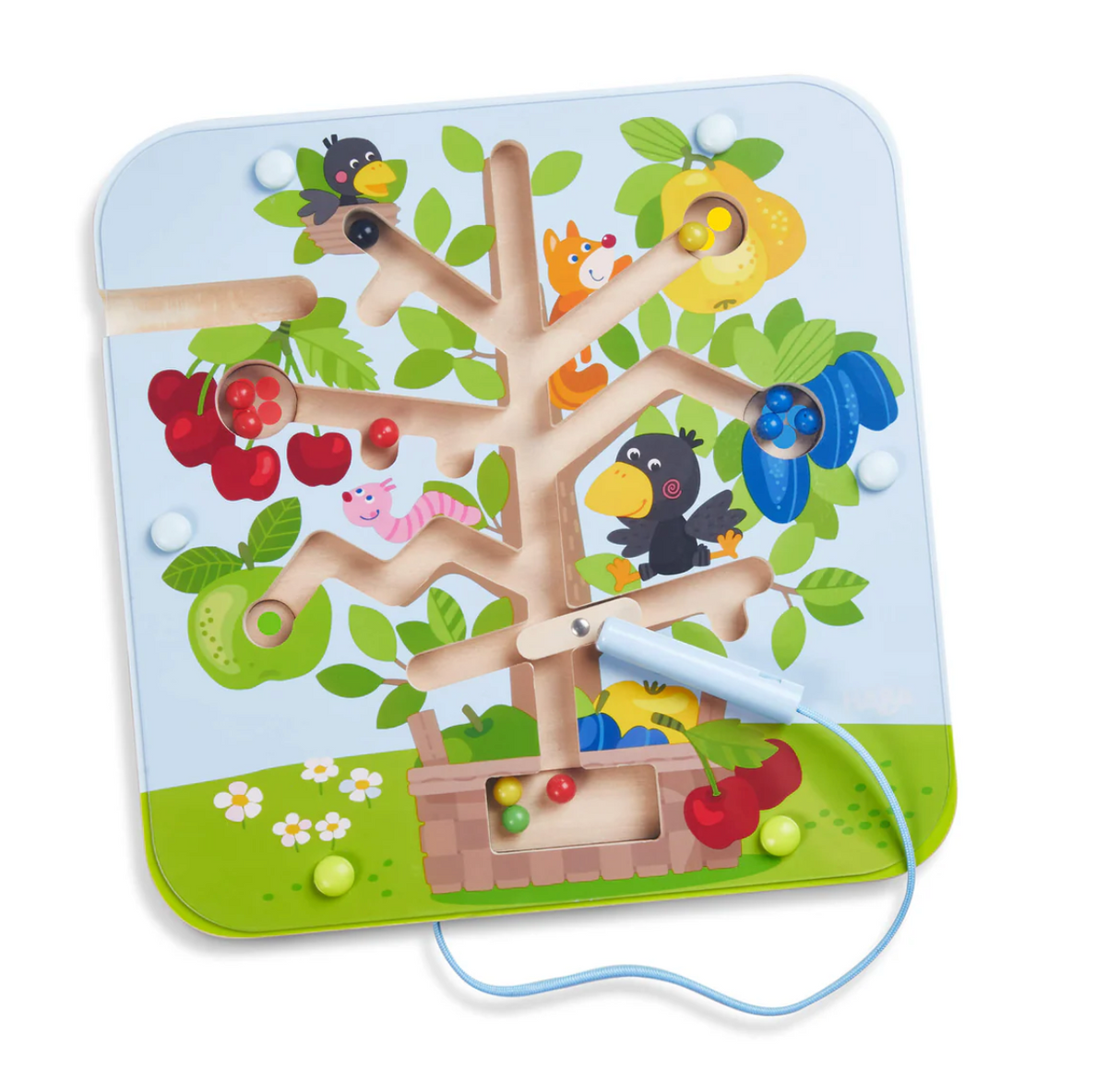 Magnetic Sorting Game | Orchard Maze with colorful fruit balls, magnetic wand, and playful orchard design for kids.