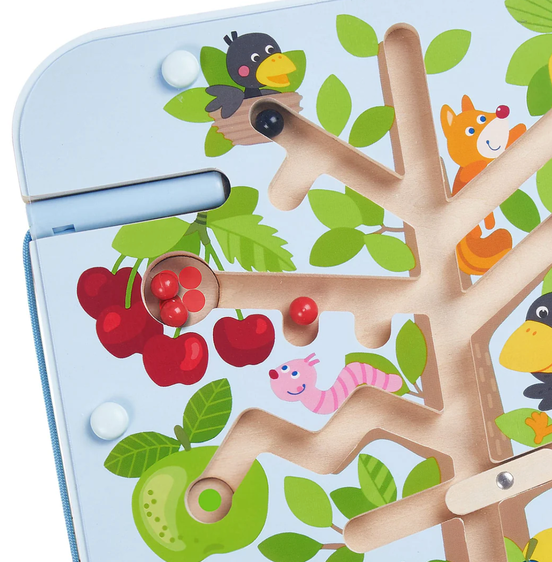 Magnetic Sorting Game | Orchard Maze with colorful fruit balls, a black raven, and a wooden maze board for sorting and counting.
