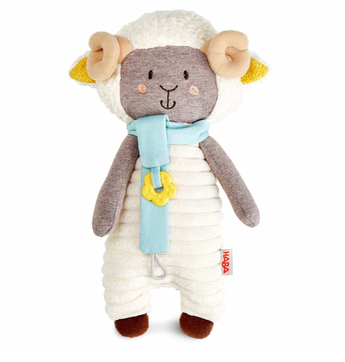 Woolbert the Ram Pacifier Holder plush toy with flexible horns, teething element, and removable scarf for babies 0-3 years.