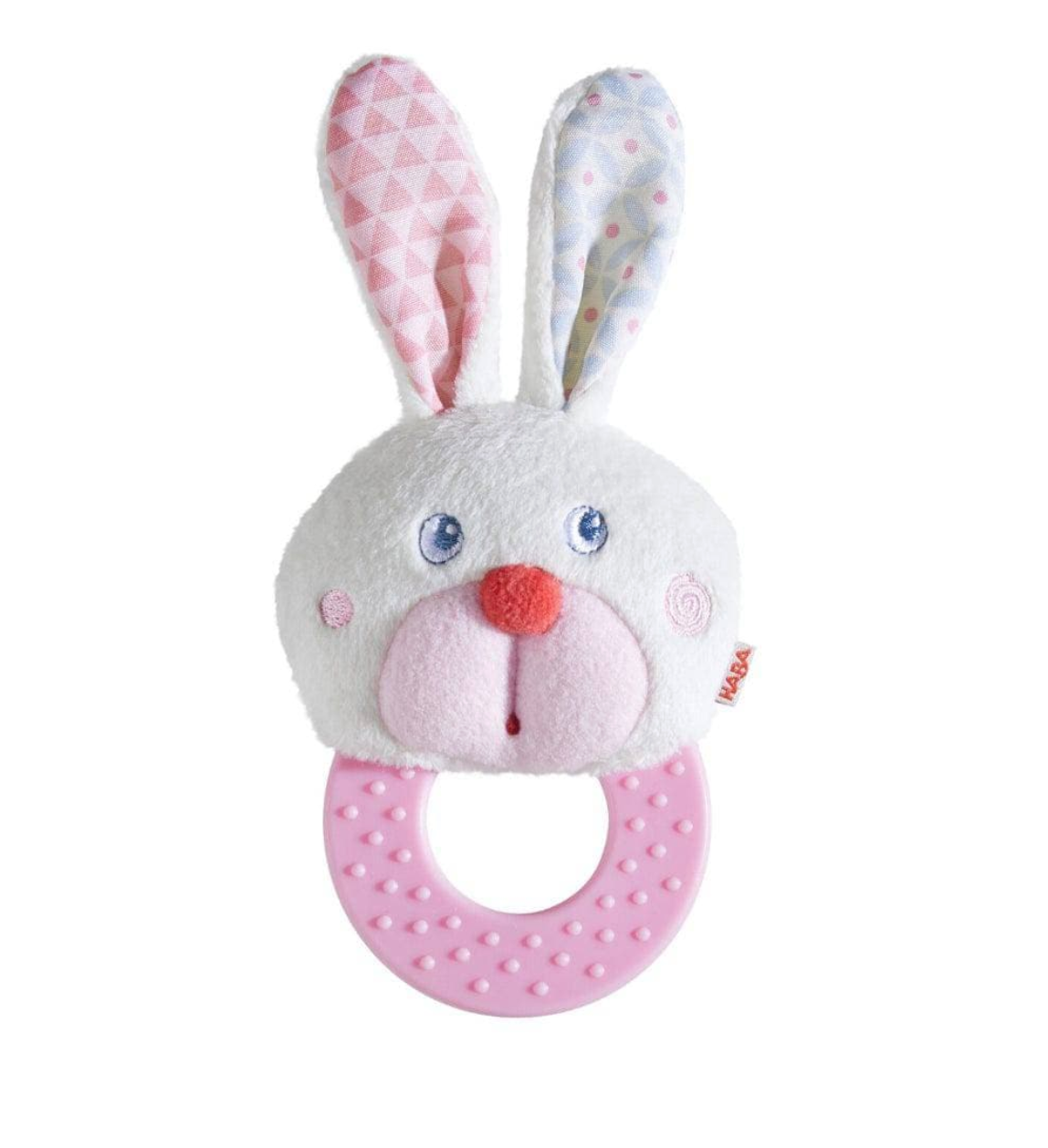 Chomp Champ Bunny Teether with plush bunny head, crinkly ears, and pink dimpled teething ring for babies.