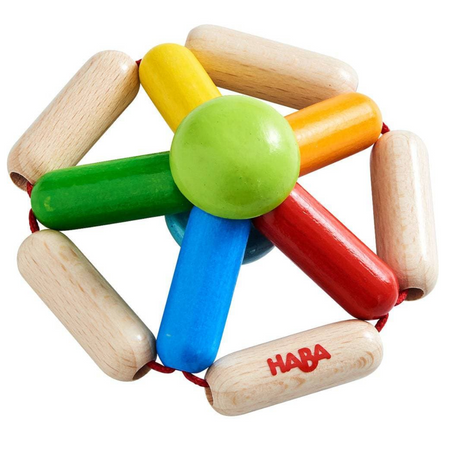 Color Carousel Wooden Rattle with vibrant colors and natural wood, designed for baby’s motor skill development and sensory play.