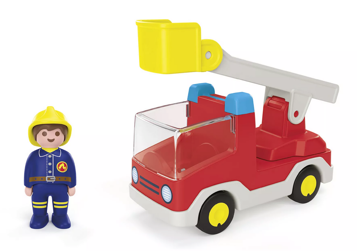 Junior | Ladder Unit Fire Truck with a firefighter figure and a red fire truck featuring a swiveling ladder and basket.