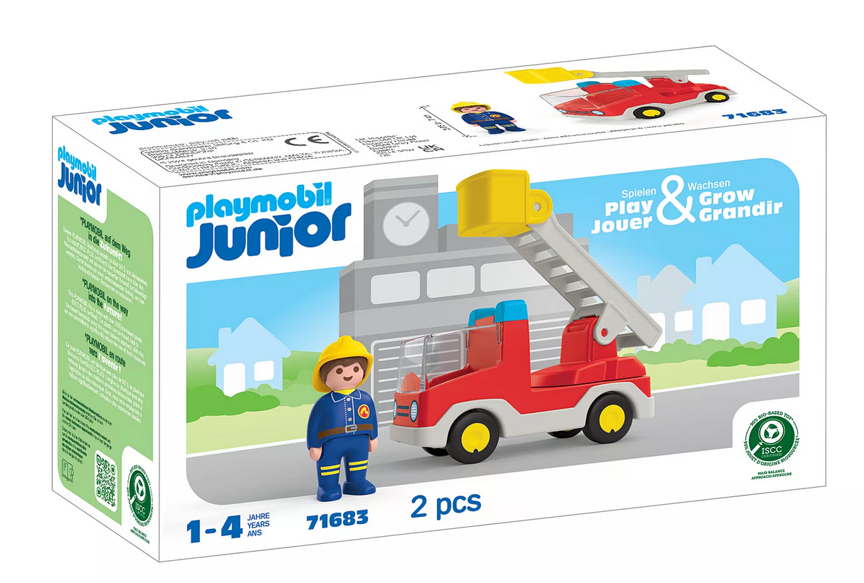Junior | Ladder Unit Fire Truck toy set with firefighter figure, swiveling ladder, and movable basket for kids ages 1-4.