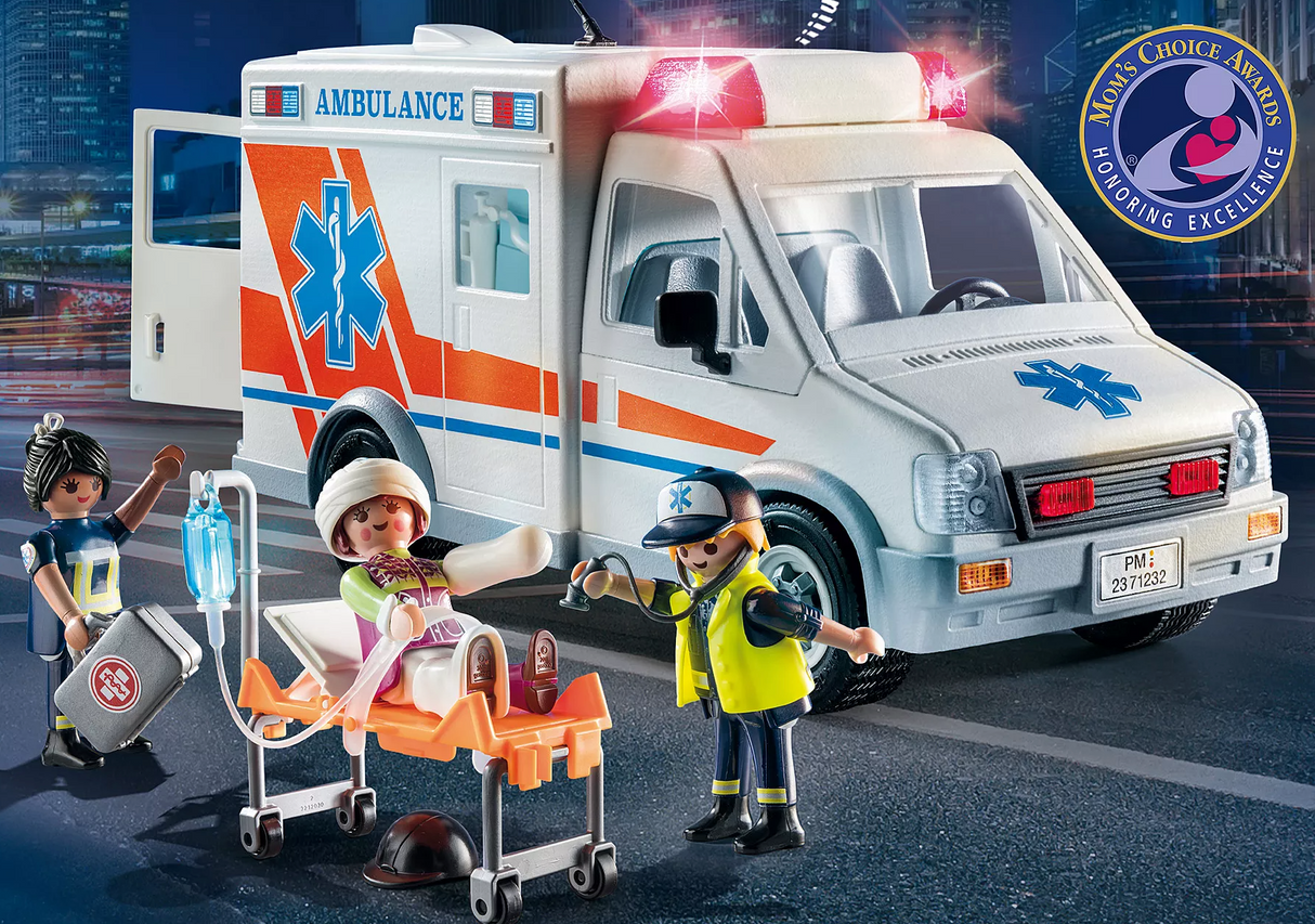 City Action | Ambulance with Lights playset featuring ambulance, paramedic figures, stretcher, and medical accessories.