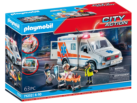 City Action | Ambulance with Lights toy set featuring ambulance, paramedics, stretcher, and medical accessories for kids 4-10 years.