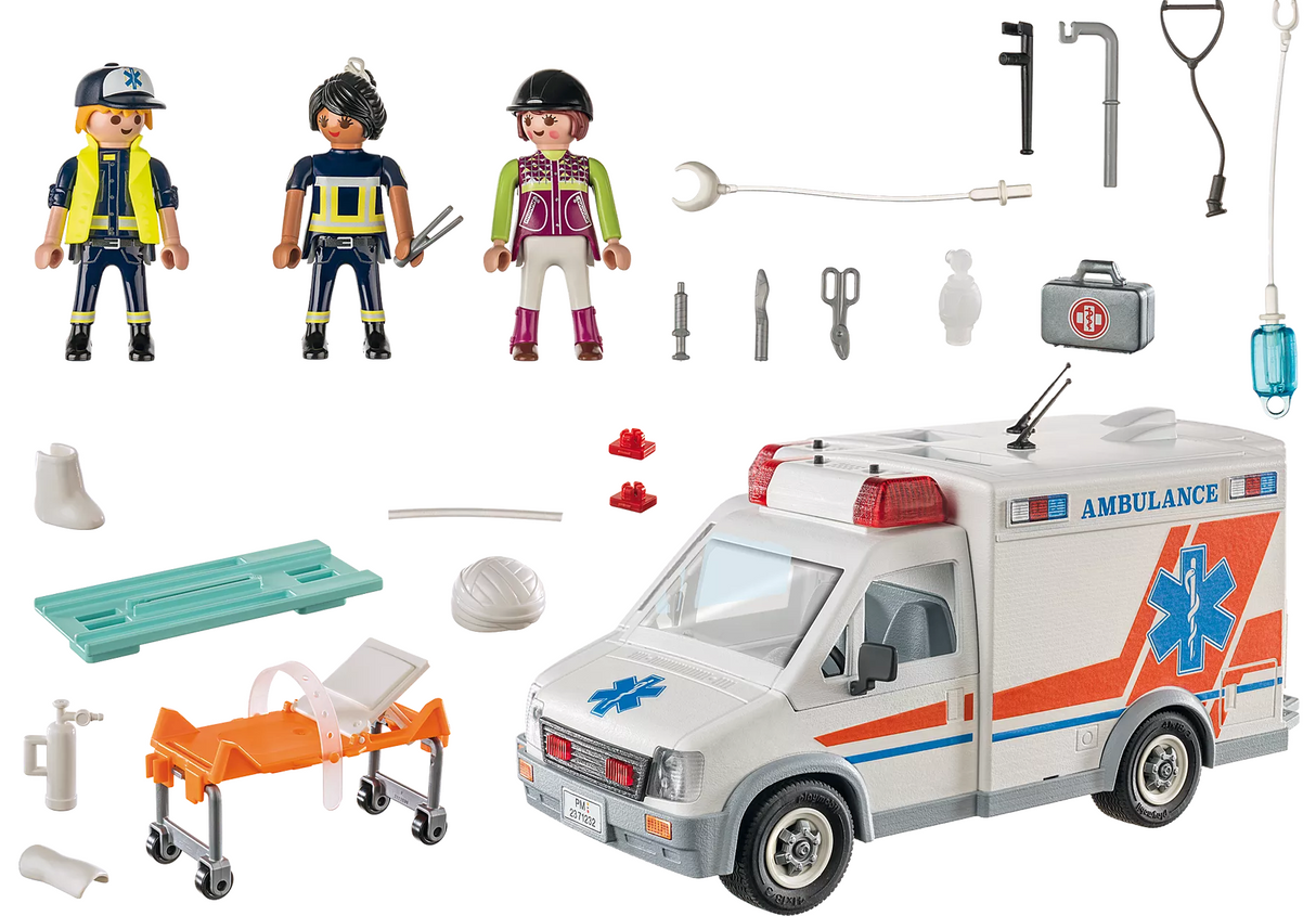 City Action | Ambulance with Lights toy set featuring ambulance, three figures, stretcher, and medical accessories.