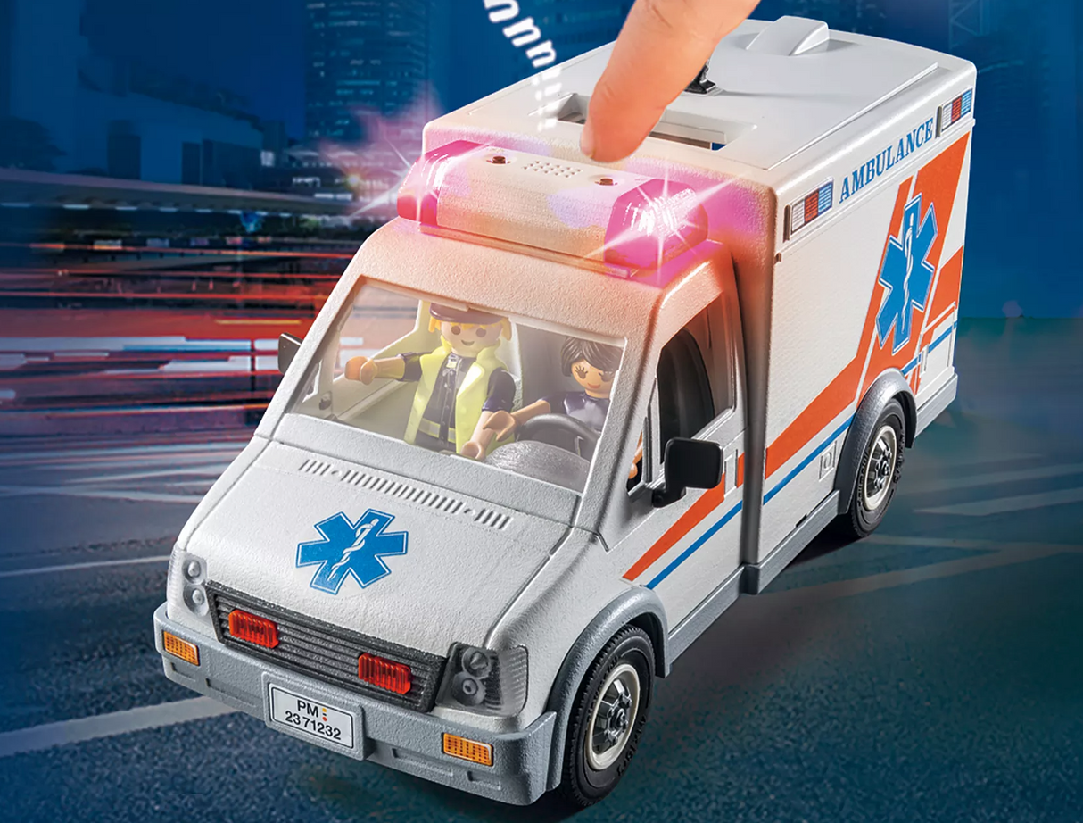 City Action | Ambulance with Lights toy featuring flashing sirens, detailed design, and paramedic figures for kids.