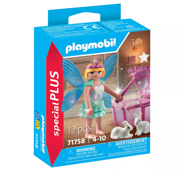 PLAYMOBIL Special Plus | Tooth Fairy figure with magic wand, treasure chest, and two white rabbits in colorful packaging.