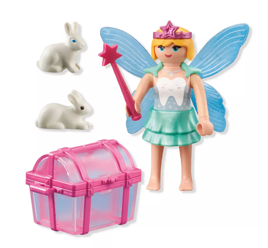 Special Plus Tooth Fairy with magic wand, two white rabbits, and pink treasure chest toy set.