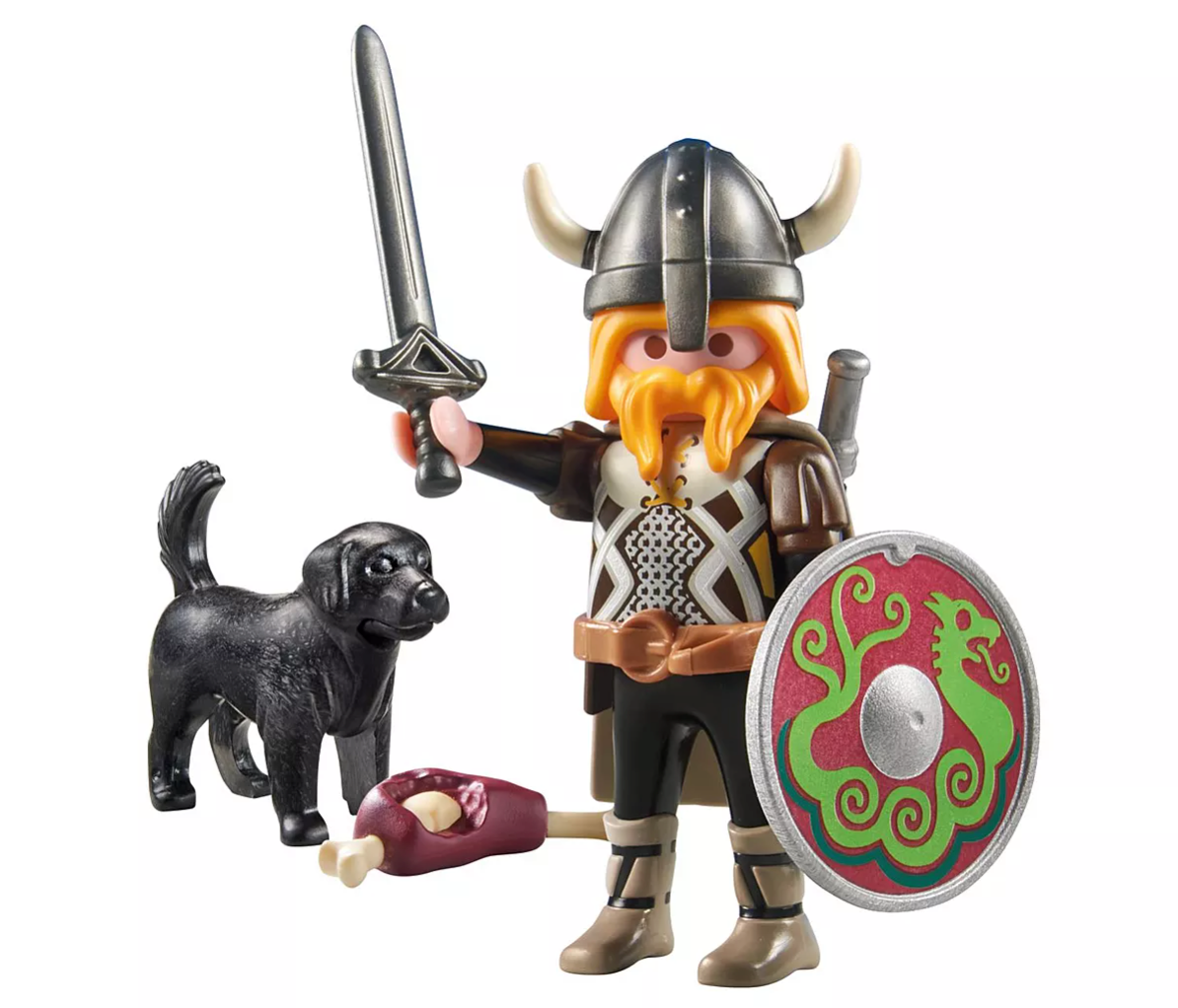 Special Plus | Viking with Guard Dog figure holding sword and shield, with dog and meat bone accessory.