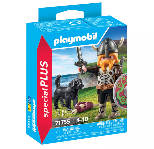 Special Plus Viking with Guard Dog Playmobil set featuring Viking figure, shield, sword, axe, and loyal guard dog with bone.